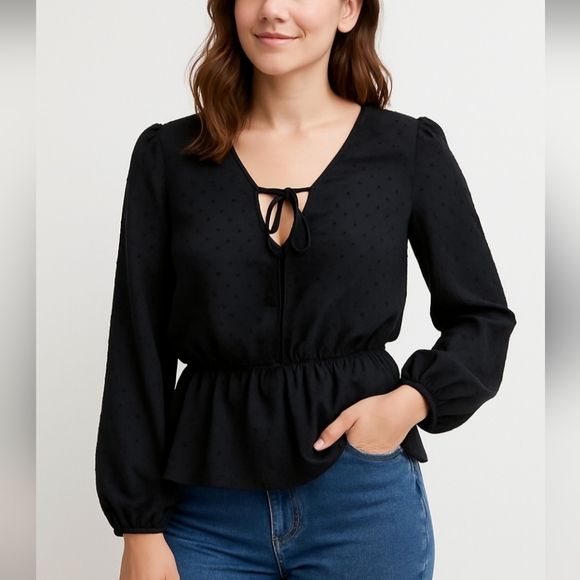 Wayf Black Sheer Length Sleeve Swiss Dot Top - Picture 1 of 10